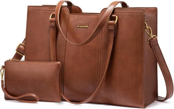 Laptop Bag for Women - Waterproof Work Bag for Women & Vintage Laptop Tote Purse with Wristlet Brown