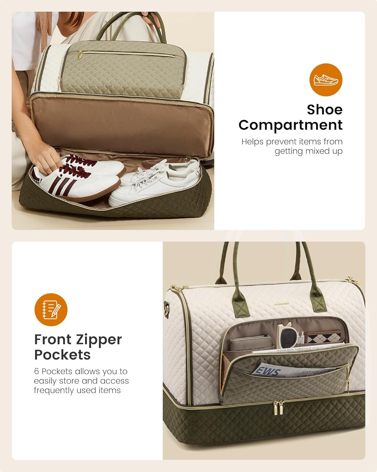 Convertible Travel Duffle Bag for Women Men, Garment Bag for Travel, Quilted Overnight Weekender Carry On Duffel Bags for Airplane, Suit Bags for Trip, Business Beige-Green - Image 6