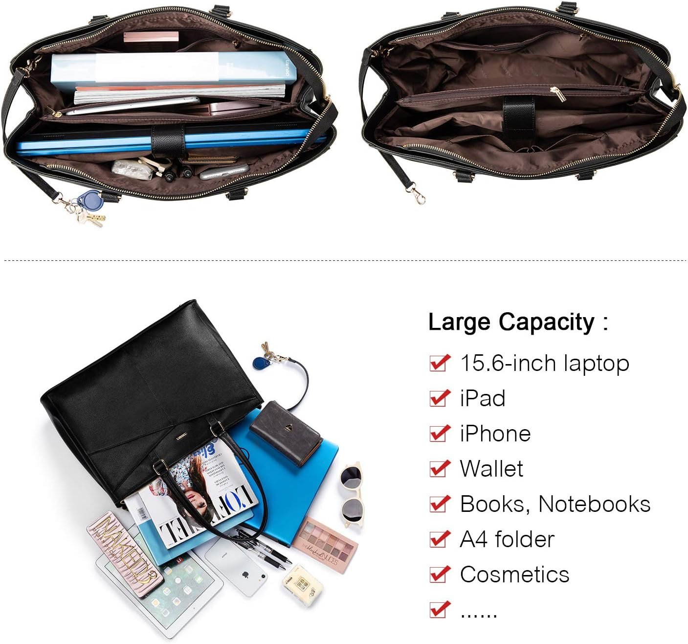 Laptop Tote Bag for Women 15.6 Inch Waterproof Leather Computer Bags Business Office Work Briefcase Black 15.6 inch - Image 6