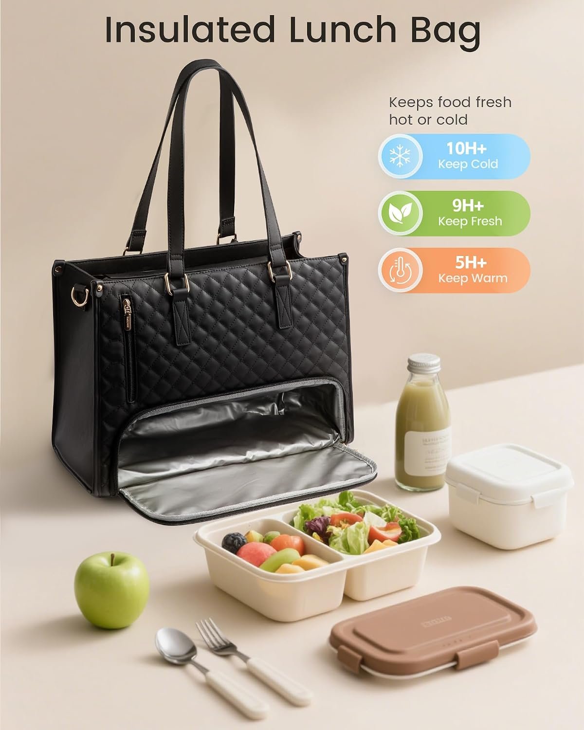 Lunch Tote Bag for Women, 15.6 Inch Laptop Bag with Insulated Lunch Compartment, Quilted Large Capacity Computer Handbag with Purse for Business, Work, Nurse, Office, Collage, Casual, Black Black - Image 7
