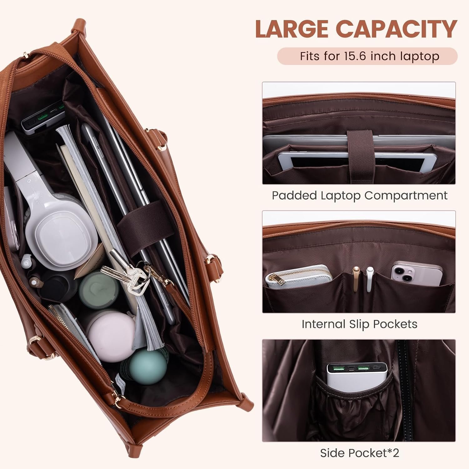 Laptop Bag for Women 15.6 lnch,Waterproof Laptops Tote Bags for Womens,Professional Work Bags for Women with Cup Holder,Large Laptop Purse Computer Briefcase Office Teacher Clutch Bag,2 PCS 15.6 Inch - Image 3