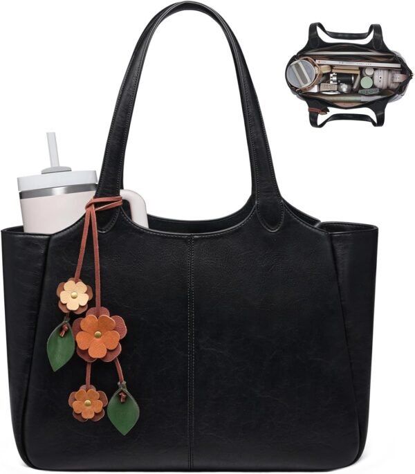 Tote Bag for Women, Leather Vintage Work Bag with 40oz Cup Holder,Nurse Teacher Shoulder Bag,Roomy,6 Pockets Black