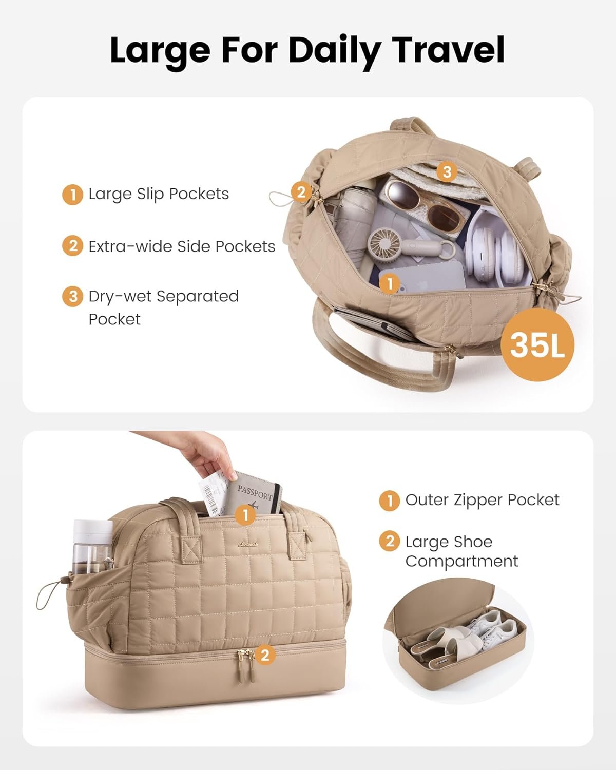 Large Travel Duffle Bag,Weekender Bags For Women with Shoe Compartment,Puffer Carry On Bags For Airplanes,Hospital Bag for Labor and Delivery,Overnight Bag With Toiletry Bag,Gym Tote Bag Khaki - Image 4