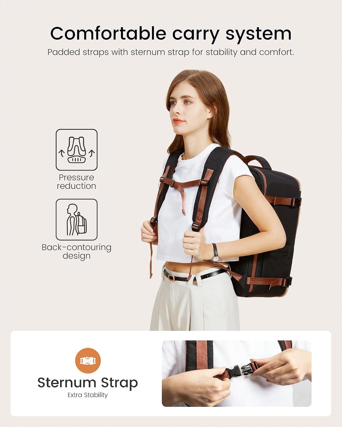 Travel Backpack for Women, 40L Carry On Backpack Flight Approved, Large Personal Item Bag Fits 17 inch Laptop, TSA Approved Luggage with 3 Packing Cubes,Waterproof Weekender Gym Daypack Black-white-brown - Image 5