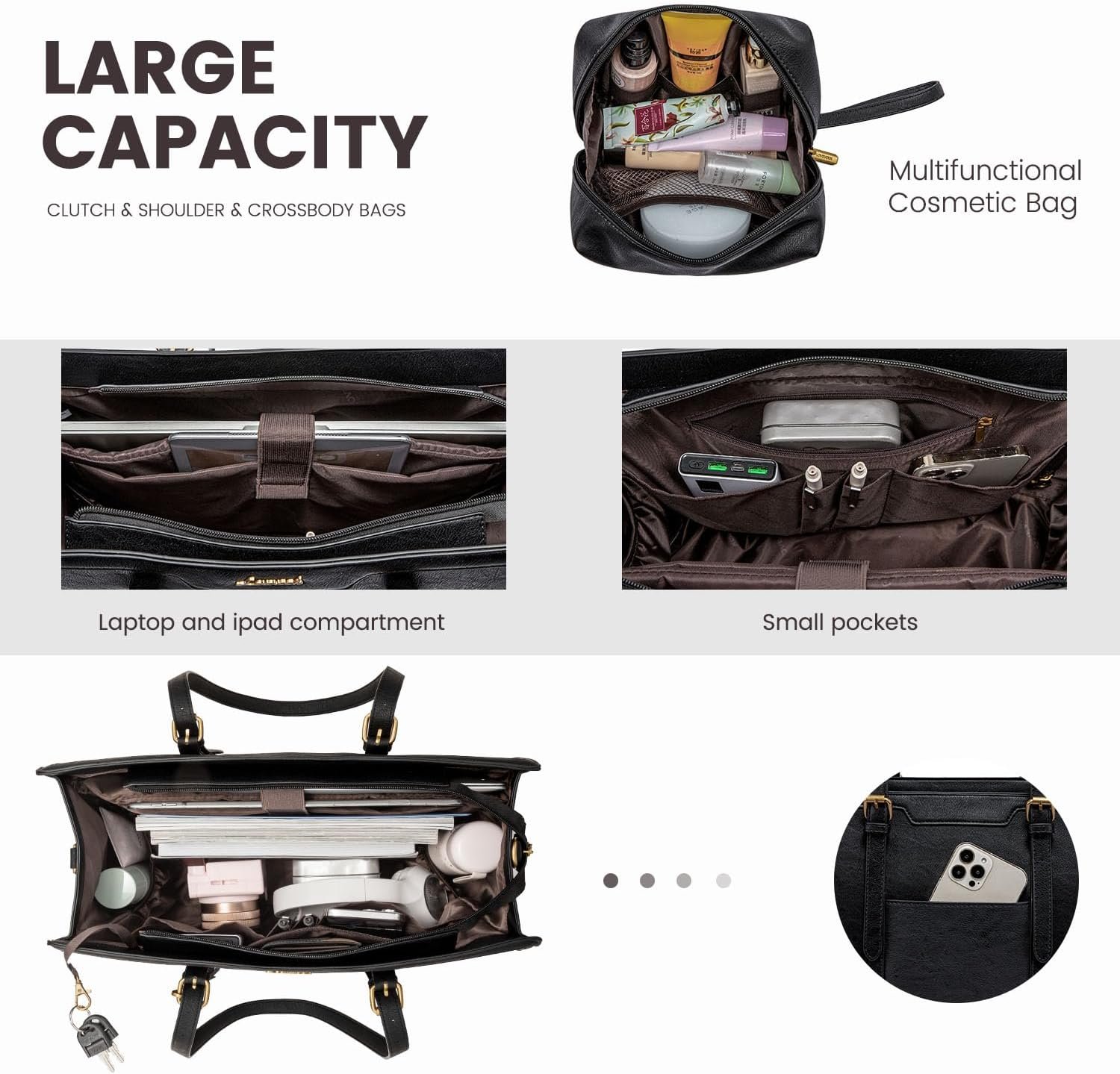 Laptop Bag for Women Vintage Leather Laptop Tote 17.3 inch Large Capacity Computer bag with Clutch Purse for Work 17.3 inch - Image 5