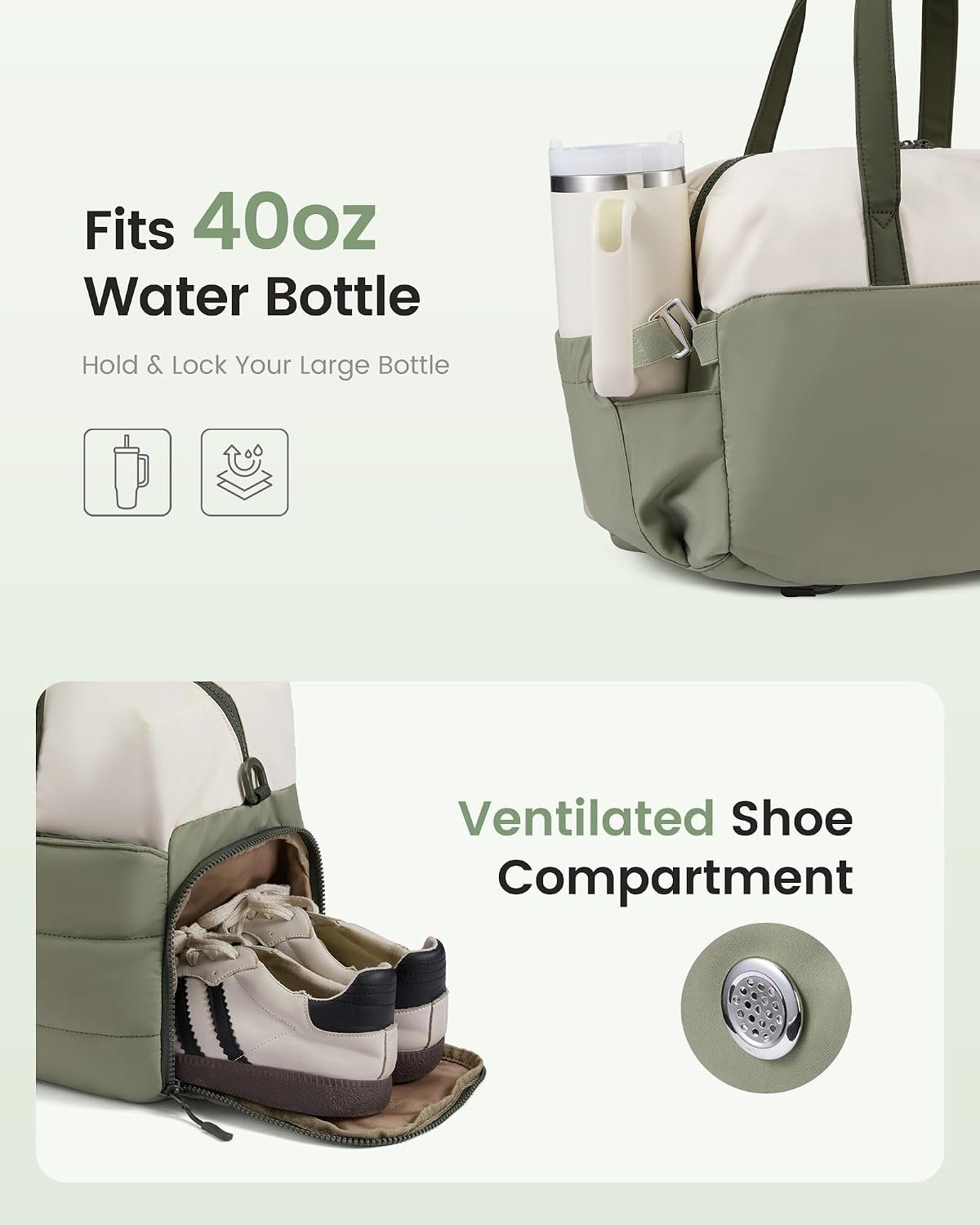 Small Gym Bag for Women with Large Tumbler Holder Pocket, Carry on Weekender Travel Duffel Bag with Shoe Compartment, Overnight Mini Personal Bag with pouch for Workout Sport Dance Yoga Green White - Image 2