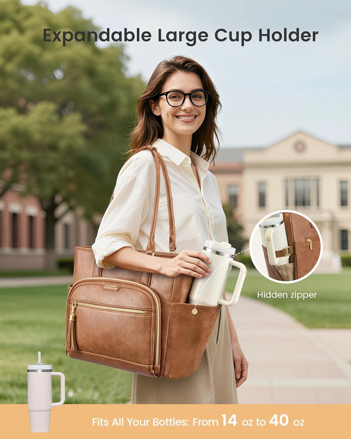Laptop Tote Bag for Women Work, Vintage Leather Teacher Nurse Bag with Large Cup Holder, Bible Handbag Purse GIfs, Waterproof Professional Computer Briefcase for Business Office, 17 Inch Chestnut Brown - Image 3
