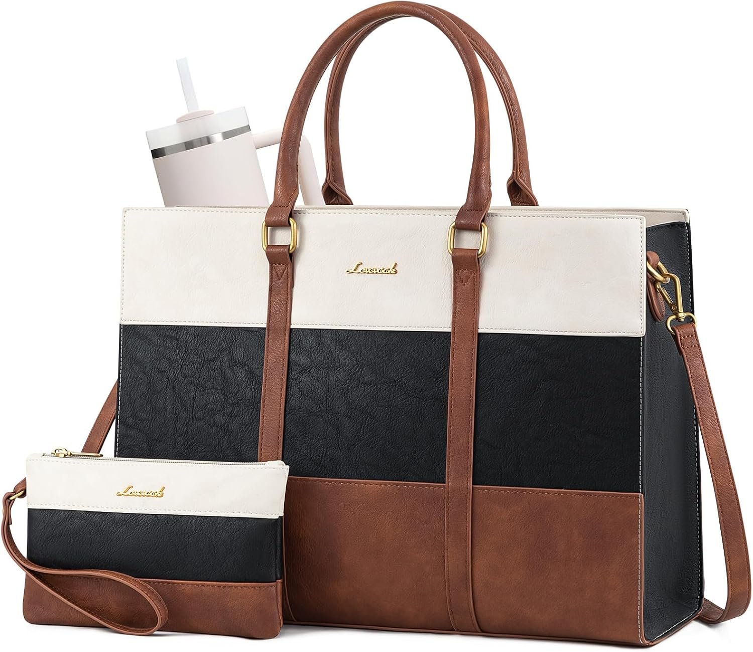 Laptop Bag for Women, 15.6 Inch Work Bags for Women, Vintage Leather Laptop Tote Bag, Waterproof Computer Bags with Clutch Purse, Large Capacity Briefcase, Business Office Handbag for Work Black - Brown - Beige