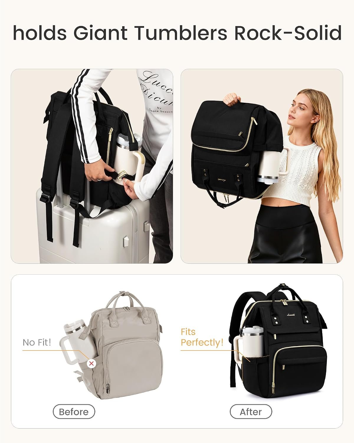 Laptop Backpack for Women with Giant Tumbler Holder Pocket,15.6 inch Waterproof Travel Backpack Purse Computer Laptop Bag,Professional Work College Nurse Teacher Backpack Casual Daypack,Black 15.6-Cup - Image 3
