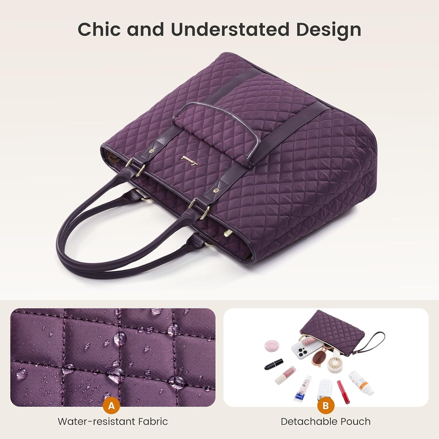 Laptop Tote Bag for Women 15.6 Inch,Waterproof Computer Bag for Laptop for Womens,Quilted Travel Work Tote Bags for Women,Stylish Laptop Bag Purse with Luggage Sleeve for Teacher,Nurse,Office 15.6 Inch - Image 5