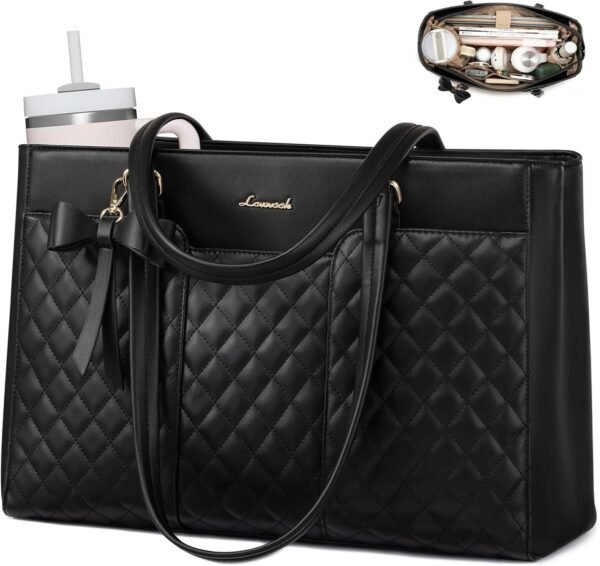Laptop Tote Bag for Women,15.6 Inch Work Bags PU Leather Teacher Tote Bag,Waterproof Quilted Computer Bag for Office Professional Briefcase Gifts 15.6 Inch