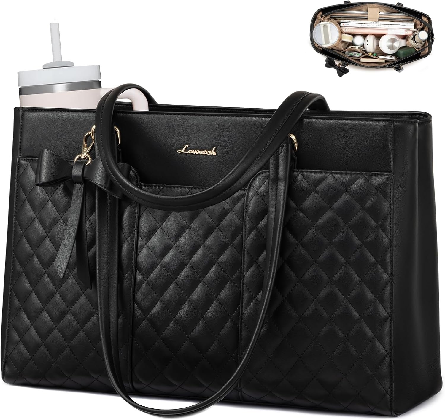 Laptop Tote Bag for Women,15.6 Inch Work Bags PU Leather Teacher Tote Bag,Waterproof Quilted Computer Bag for Office Professional Briefcase Gifts 15.6 Inch