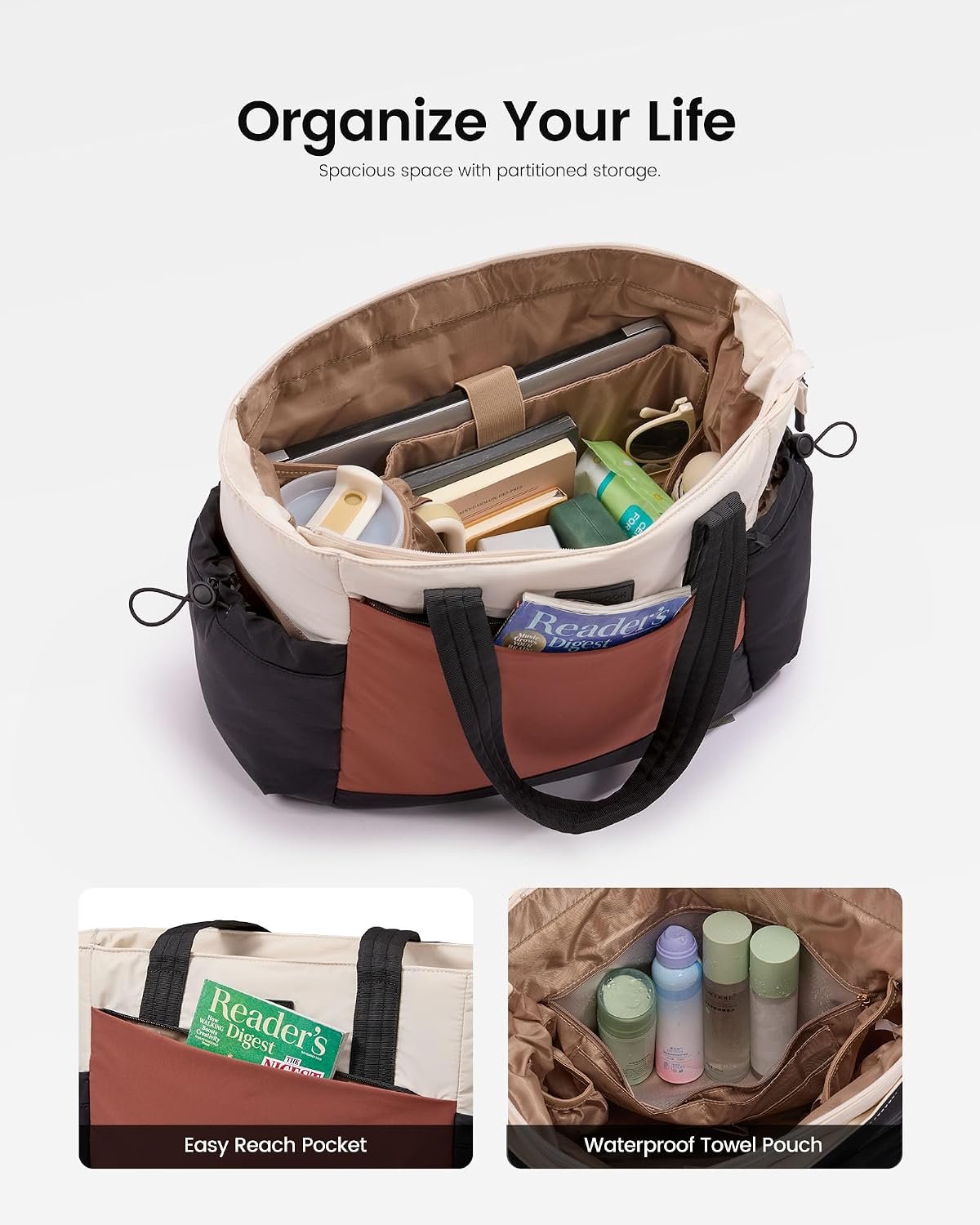 Gym Tote Bag for Women, Puffy Yoga Mat Bag with Large Cup Holder & Wet Pocket, Work Nurse Bag for Travel Workout Black - Image 3
