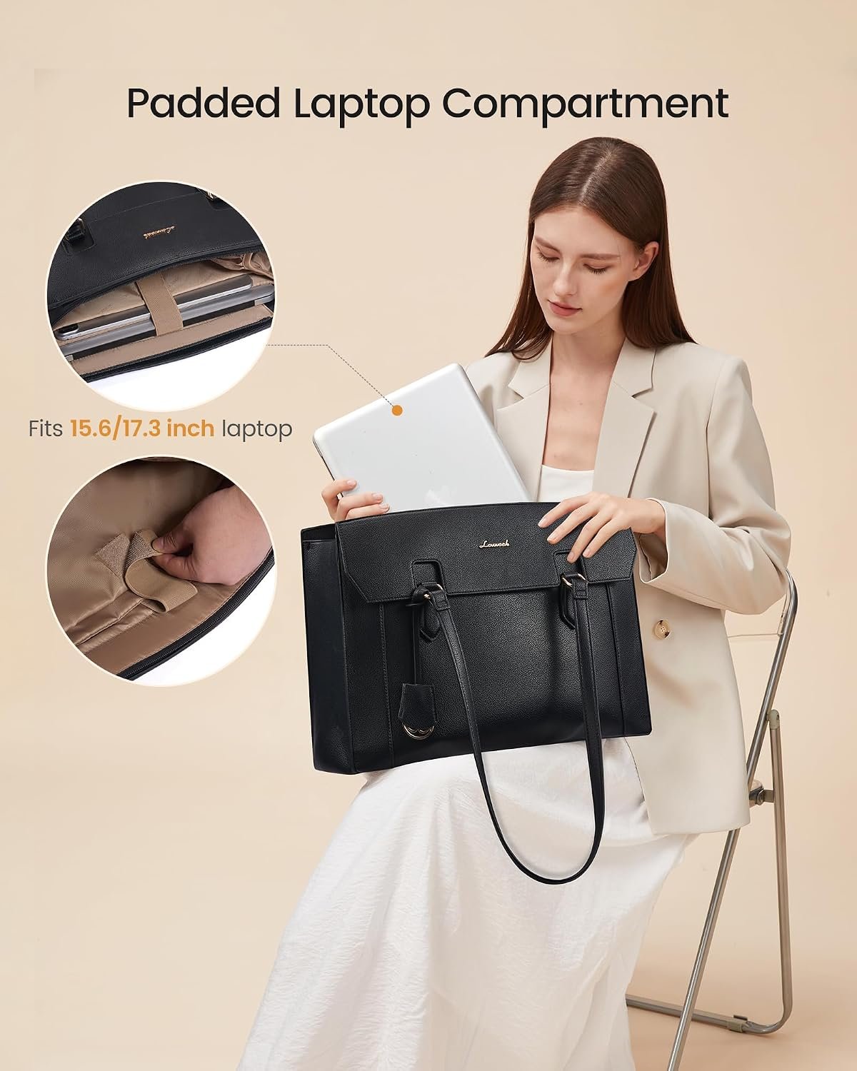Laptop Tote Bag for Women,Computer Work Bag With Large Cup Holder,15.6 Inch Waterproof PU Leather Purse Briefcase for Teacher Black - Image 4