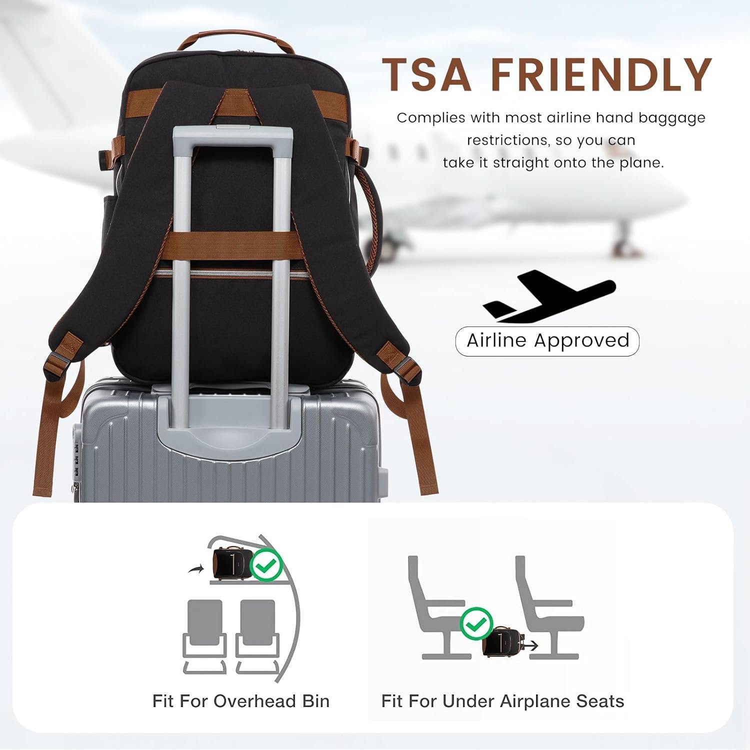 40L Large Travel Backpack for Women Men, 17 Inch Carry on Backpack for Traveling on Airplane, Personal Item Bag Airline Approved, Business Causal Weekender Backpack, Black-Brown 1 Black-brown - Image 4