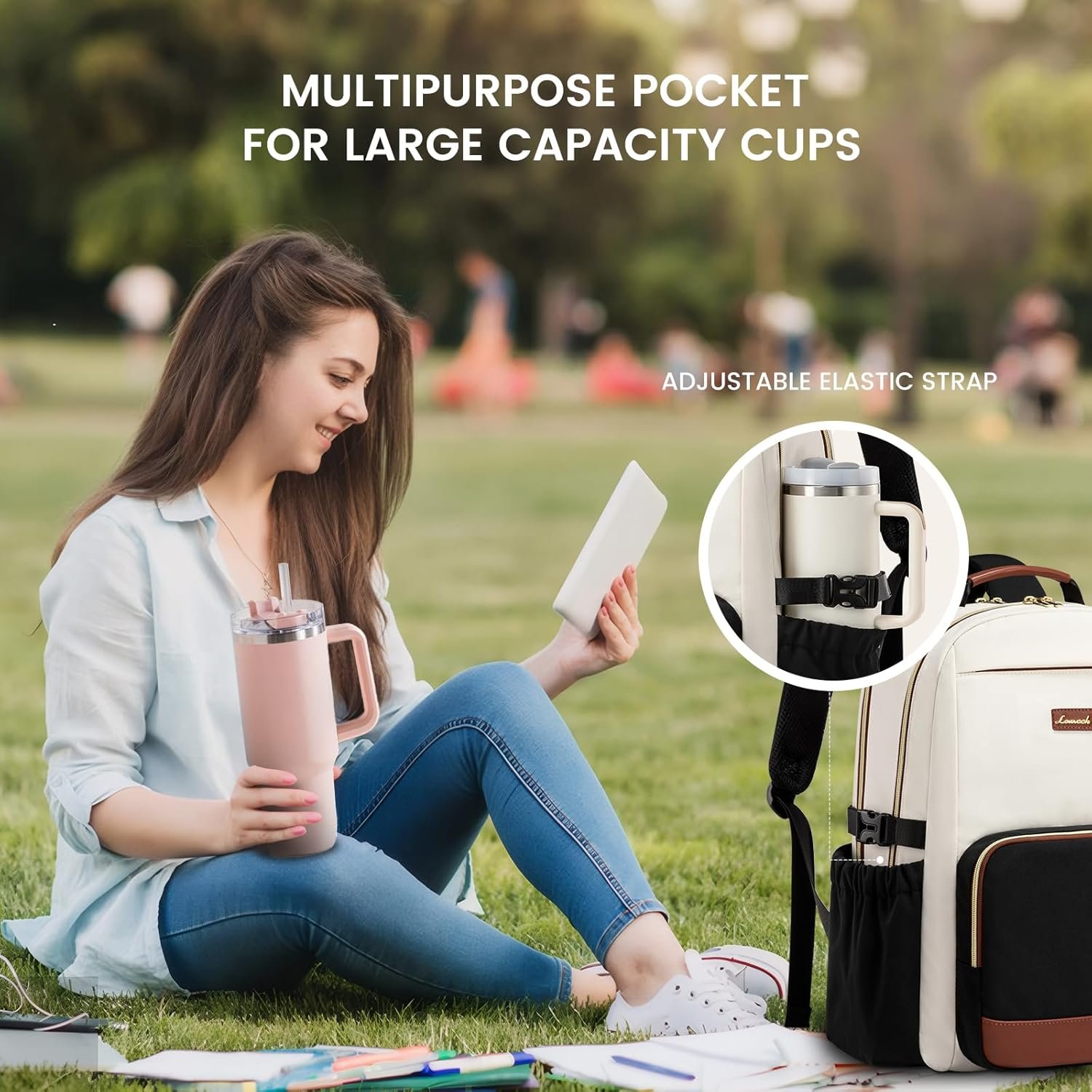 Laptop Backpack for Women with Pouch Pocket for Large Capacity Cup,15.6 Inch Laptop Computer Bag Travel Backpack Purse,Waterproof Work Business Backpack College Teacher Bags,Beige-Black-Brown Beige - Black - Chestnut Brown - Image 2