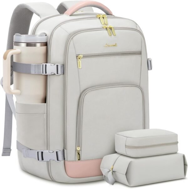 Travel Backpack For Women, 40L Carry On Backpack Flight Approved, TSA Personal Item Travel Bag Fits 17 Inch Laptop, Business Weekender Overnight Waterproof Daypack With 2 Cubes, Grey-Pink Pink-grey