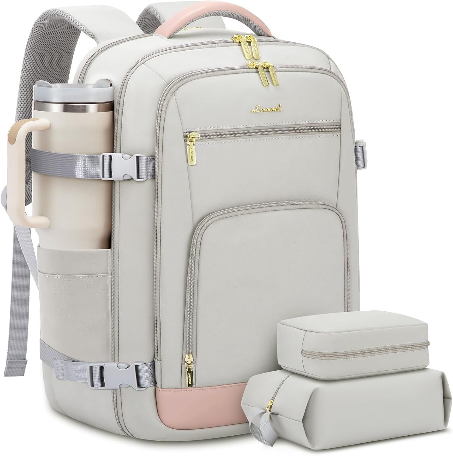 Travel Backpack For Women, 40L Carry On Backpack Flight Approved, TSA Personal Item Travel Bag Fits 17 Inch Laptop, Business Weekender Overnight Waterproof Daypack With 2 Cubes, Grey-Pink Pink-grey