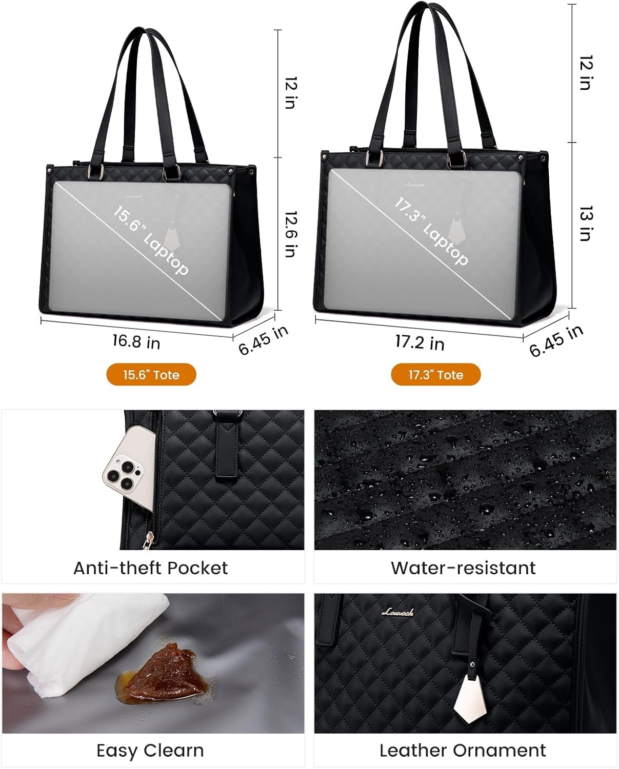 Lunch Tote Bag for Women, 15.6 Inch Laptop Bag with Insulated Lunch Compartment, Quilted Large Capacity Computer Handbag with Purse for Business, Work, Nurse, Office, Collage, Casual, Black Black - Image 4