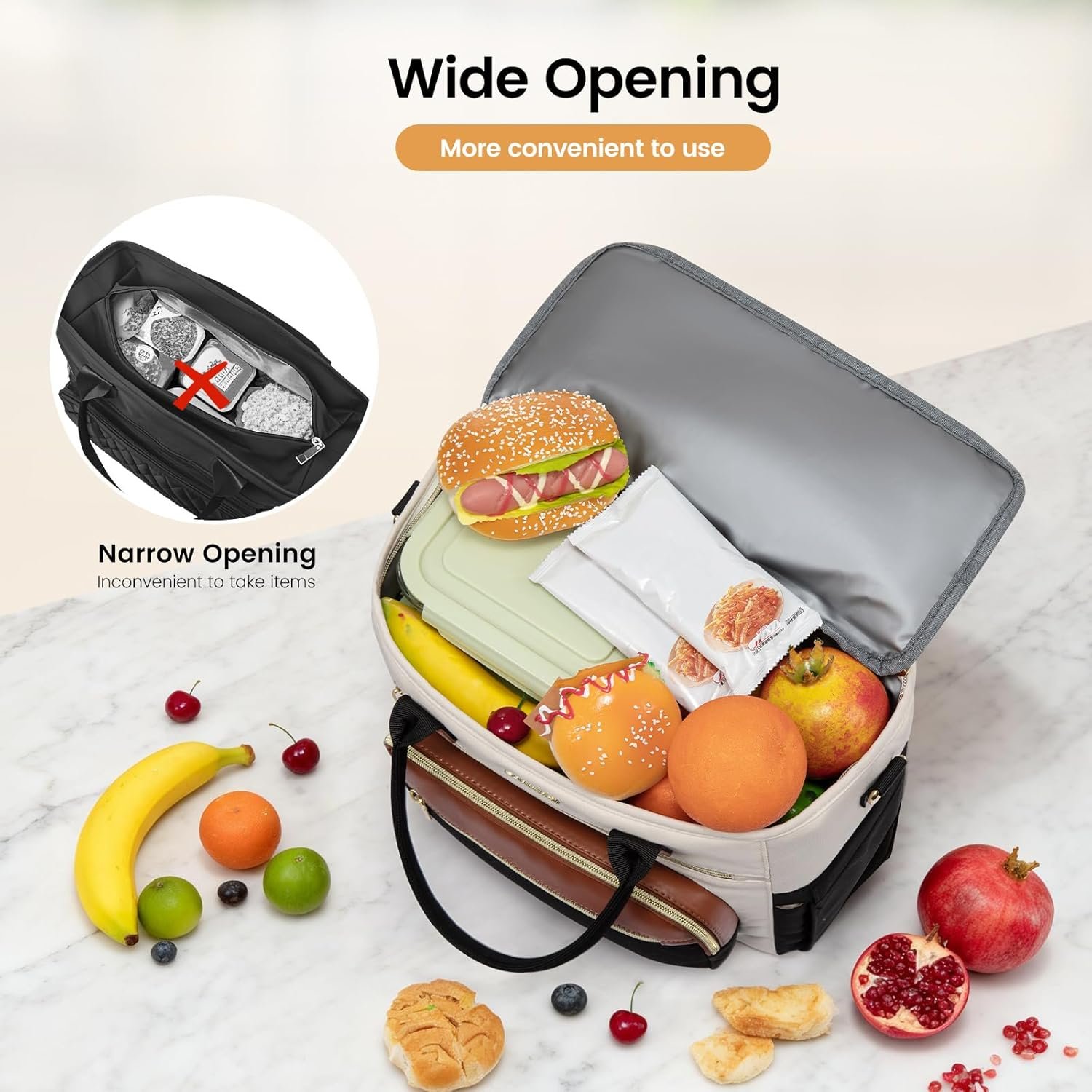 Insulated Lunch Bag Women,Wide Opening Adult Lunch Box Women with Cup Holder,Large Leakproof Cooler Bag for Work Picnic Beach Family College Mom,Lunch Teacher Tote Bag for Gift Black with Off White with Brown - Image 5