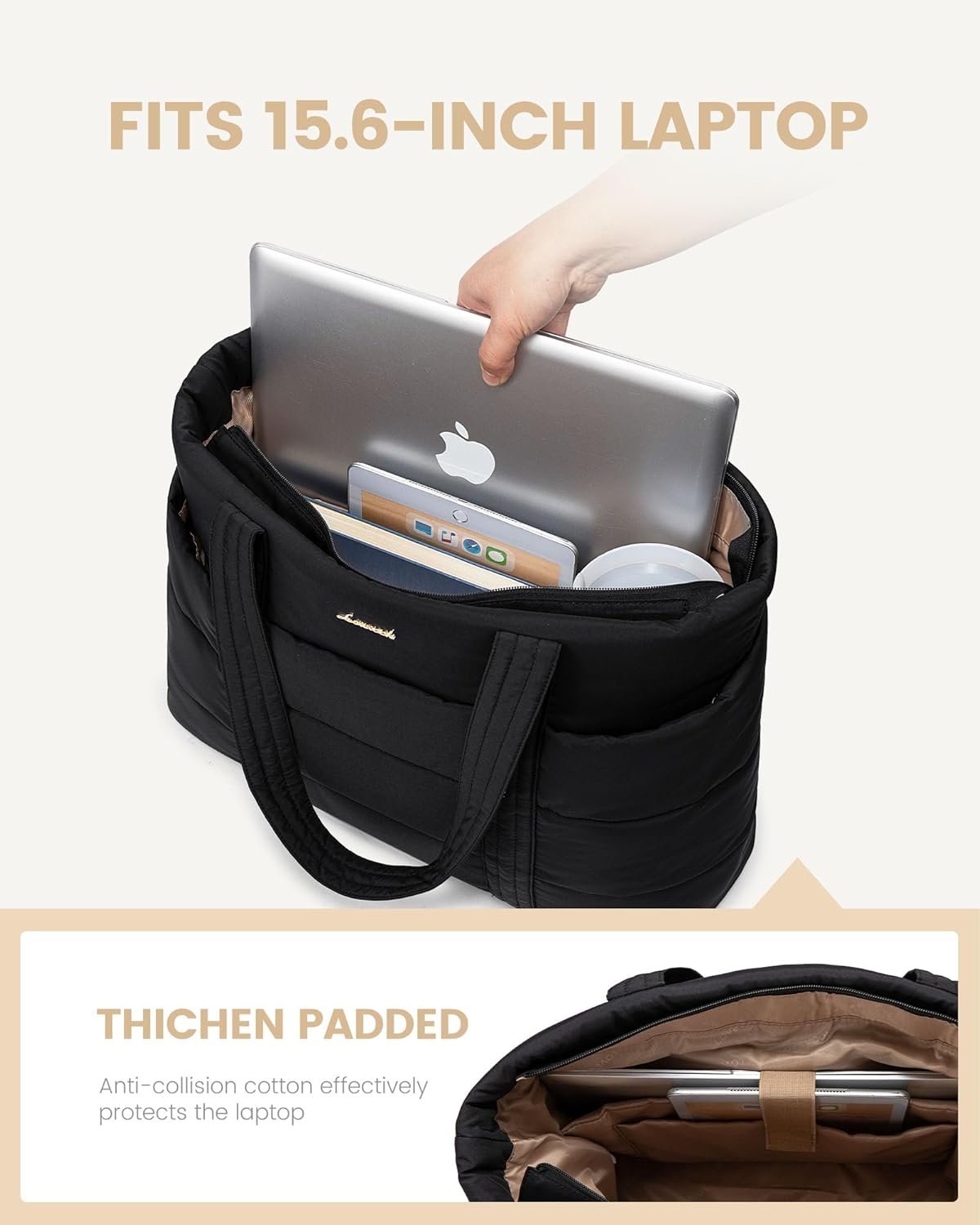Tote Bag for Women, Large Puffer Work Tote Laptop Bag, Lightweight Travel Tote Bag with Zipper Gifts for Women 15.6 Inch - Image 4