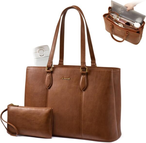 Laptop Tote Bag for Women,Work Tote with Wristlet,PU Leather Computer Bag for Teacher,Office, Daily Brown