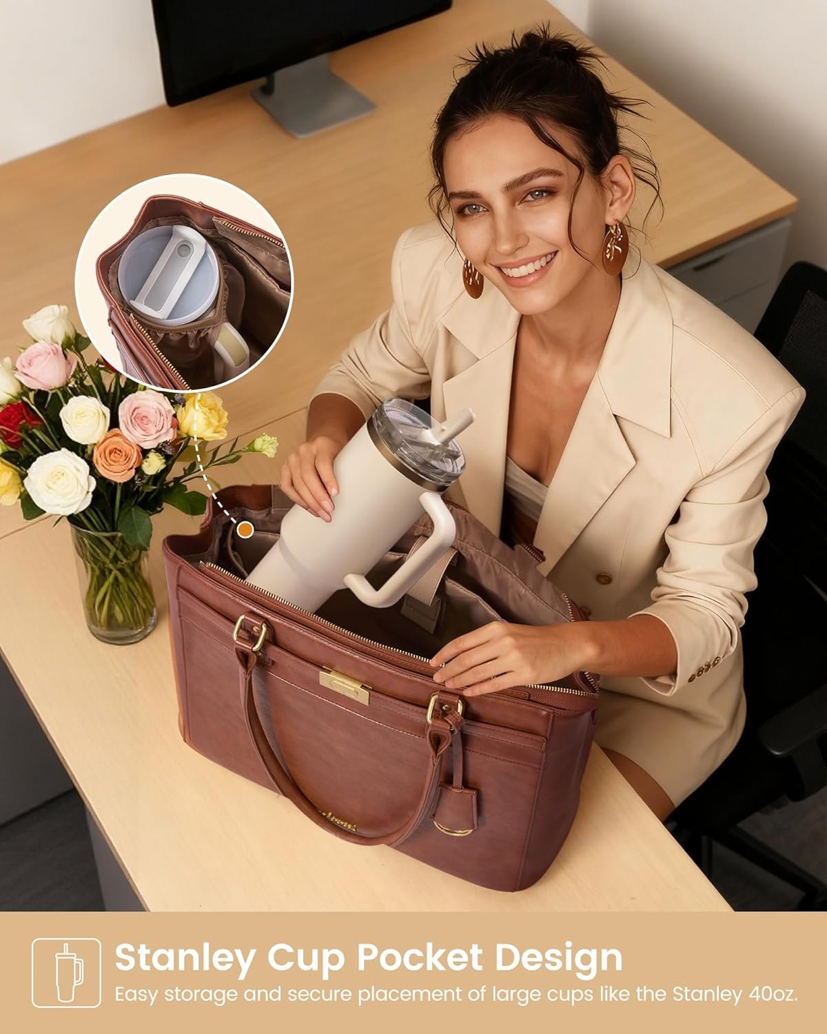 Laptop Tote Bag for Women, 15.6 Inch Waterproof Leather Work Computer Bag, Large Business Office Briefcase Shoulder Handbag Purse Gifts for Women Medium - Image 3