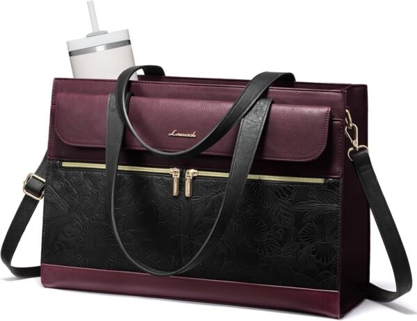 Laptop Tote for Women 15.6 Inch, PU Leather Waterproof Work Tote with Large Tumbler Pocket, Peony Embossed Textured Computer Bag, Organized Teacher Office Business Crossbody Handbag 15.6 Inch