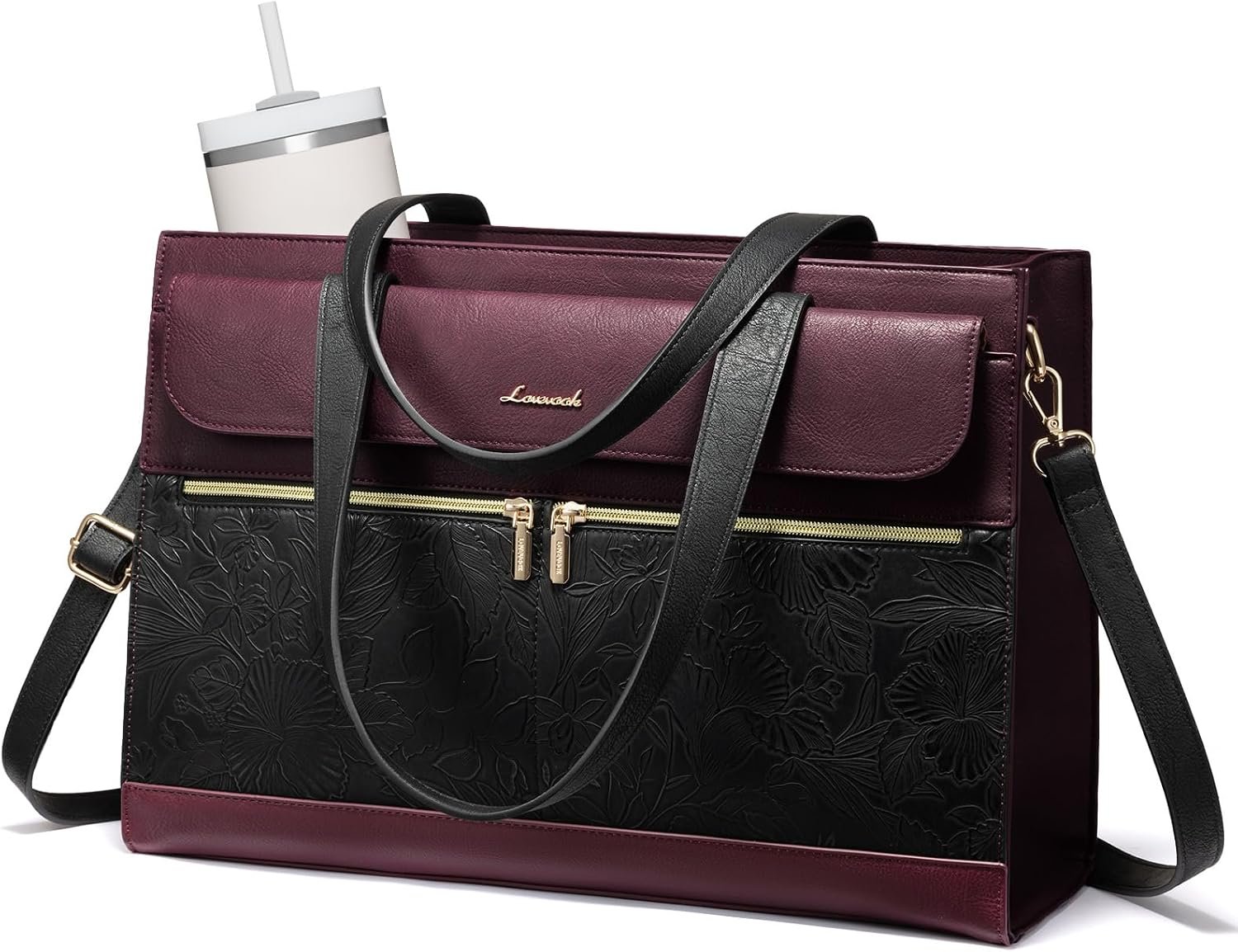 Laptop Tote for Women 15.6 Inch, PU Leather Waterproof Work Tote with Large Tumbler Pocket, Peony Embossed Textured Computer Bag, Organized Teacher Office Business Crossbody Handbag 15.6 Inch