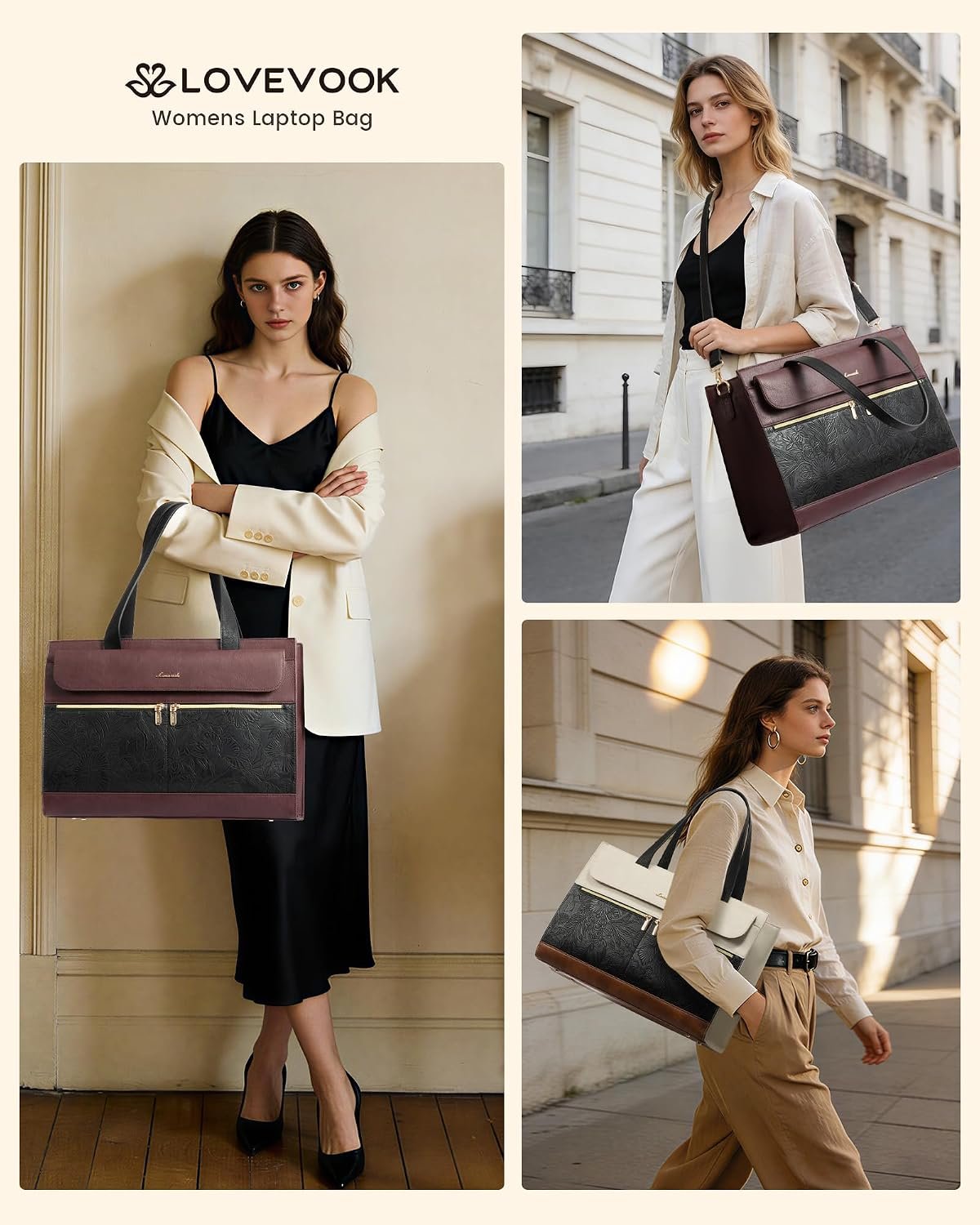 Laptop Tote for Women 15.6 Inch, PU Leather Waterproof Work Tote with Large Tumbler Pocket, Peony Embossed Textured Computer Bag, Organized Teacher Office Business Crossbody Handbag 15.6 Inch - Image 2