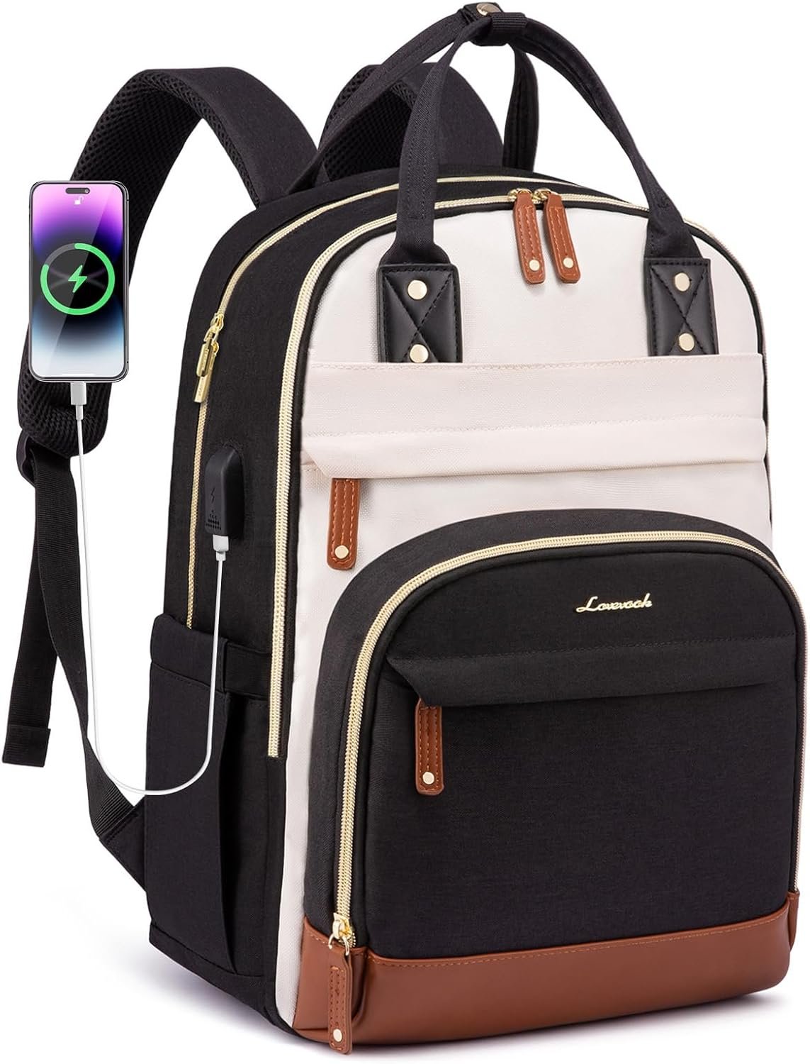 Laptop Backpack Women with Giant Tumbler Holder,15.6 inch Waterproof Work Travel Backpack Computer Laptop Bag,Cute College Nurse Teacher Backpack Purse,Gifts for Women & Men,Beige-Black-Brown Beige-black-brown - Image 9