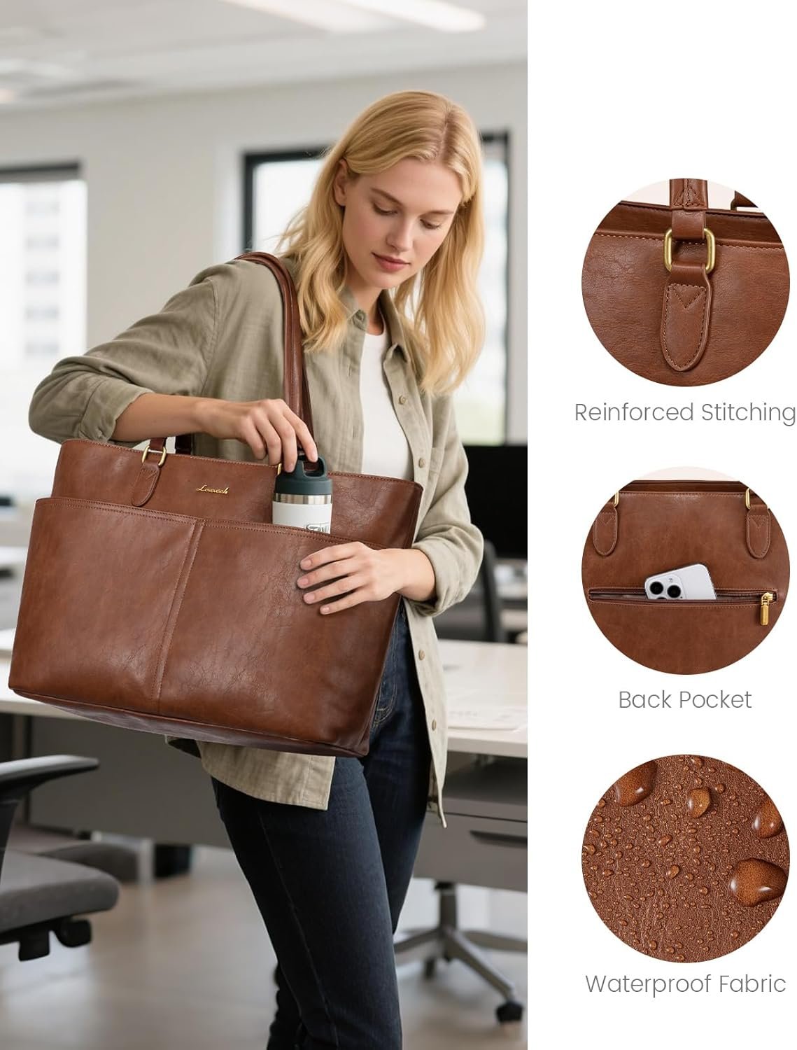Work Tote Bags for Women, Vintage Leather 15.6 Inch Laptop Bag with Large Cup Holder, Teacher Nurse Medical Professional Computer Bag, Office Briefcase Handbag Gift 15.6 Inch - Image 6
