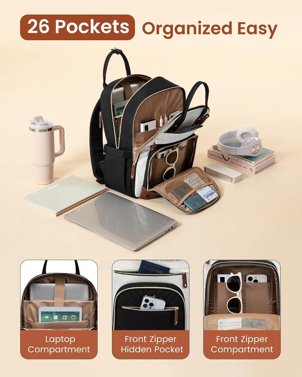 Laptop Backpack Women with Giant Tumbler Holder,15.6 inch Waterproof Work Travel Backpack Computer Laptop Bag,Cute College Nurse Teacher Backpack Purse,Gifts for Women & Men,Beige-Black-Brown Beige-black-brown - Image 4