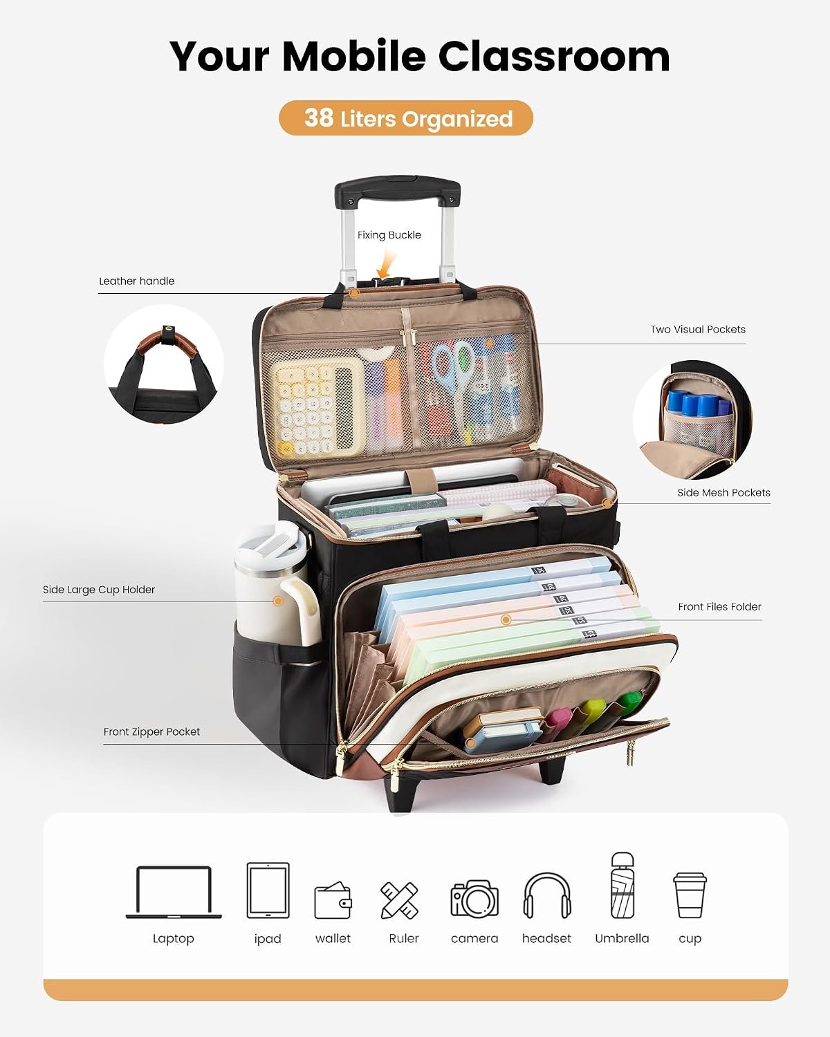Rolling Teacher Bag with Detachable Dolly and Laptop Compartment, Large Rolling Tote Bag fits for 17.3" Laptop for Teacher Office Work Craft Nurse, Quilted-Black-beige-brown Quilted-Black-beige-brown - Image 3