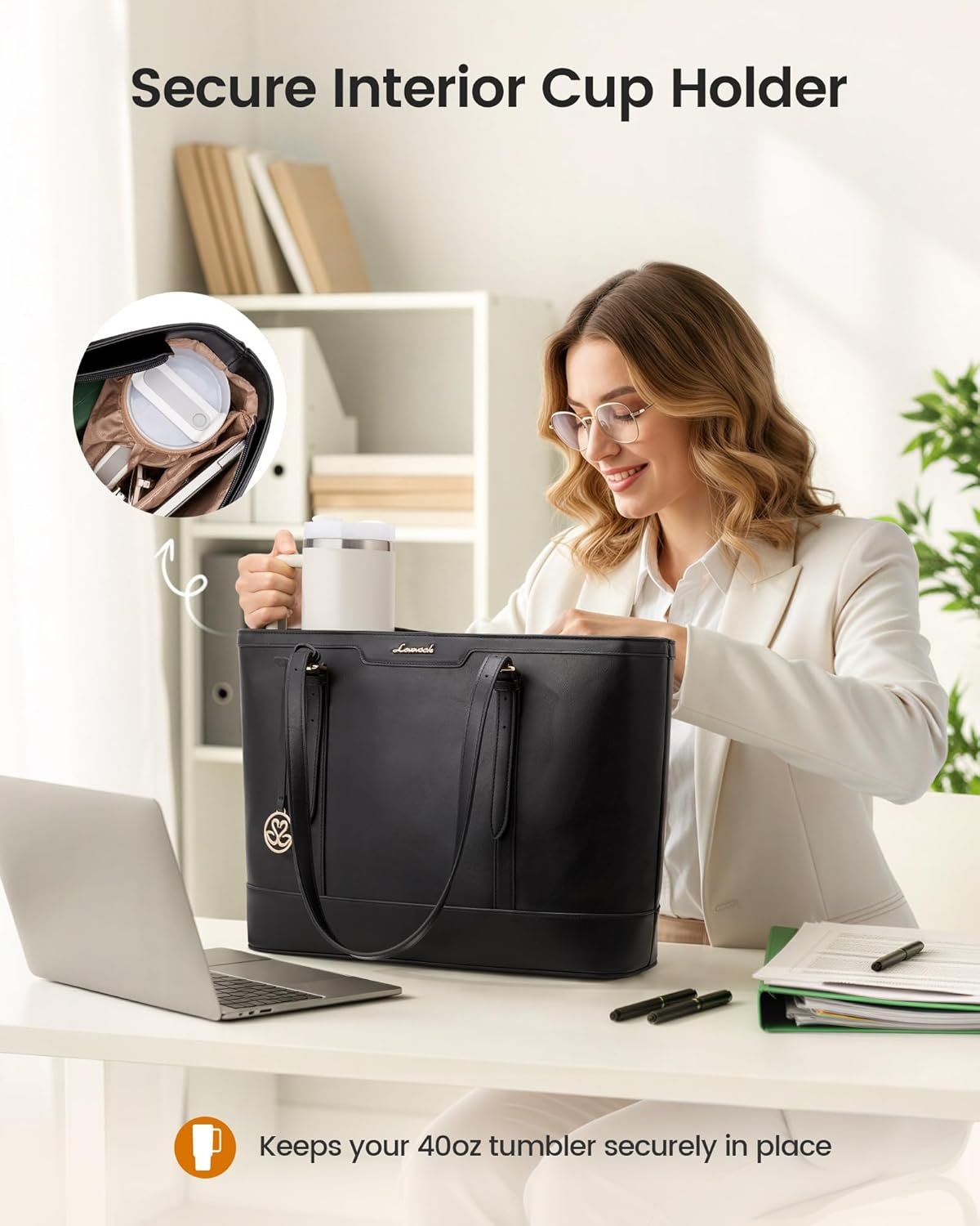 Laptop Bag for Women, 15.6 Inch Large Work Tote Bag with 40oz Cup Holder, Waterproof PU Leather Computer Briefcase for Teacher, Professional Business Shoulder Purse Black Black - Image 4