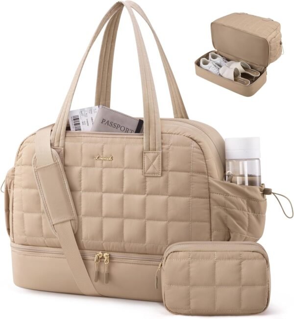 Large Travel Duffle Bag,Weekender Bags For Women with Shoe Compartment,Puffer Carry On Bags For Airplanes,Hospital Bag for Labor and Delivery,Overnight Bag With Toiletry Bag,Gym Tote Bag Khaki