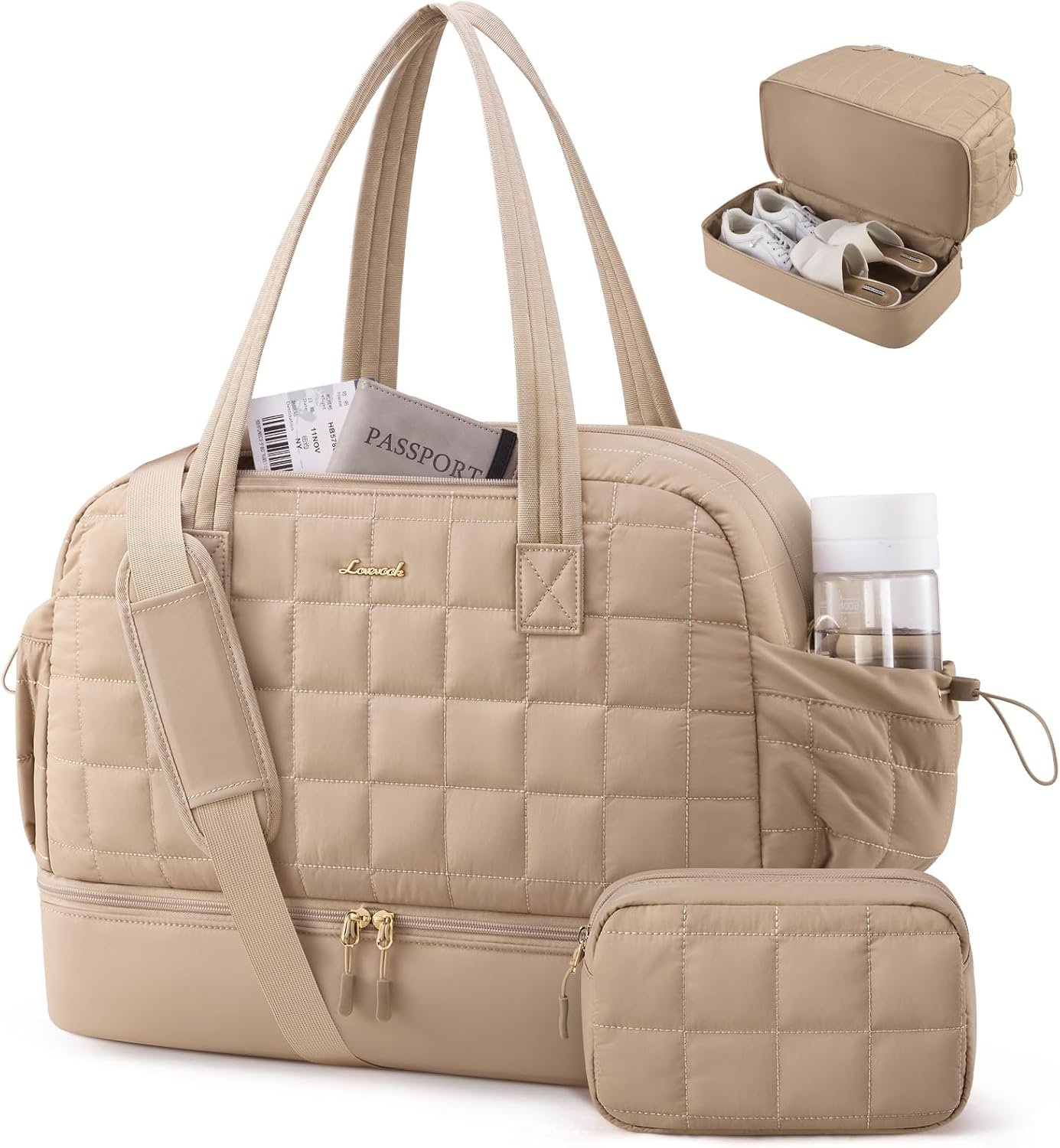 Large Travel Duffle Bag,Weekender Bags For Women with Shoe Compartment,Puffer Carry On Bags For Airplanes,Hospital Bag for Labor and Delivery,Overnight Bag With Toiletry Bag,Gym Tote Bag Khaki