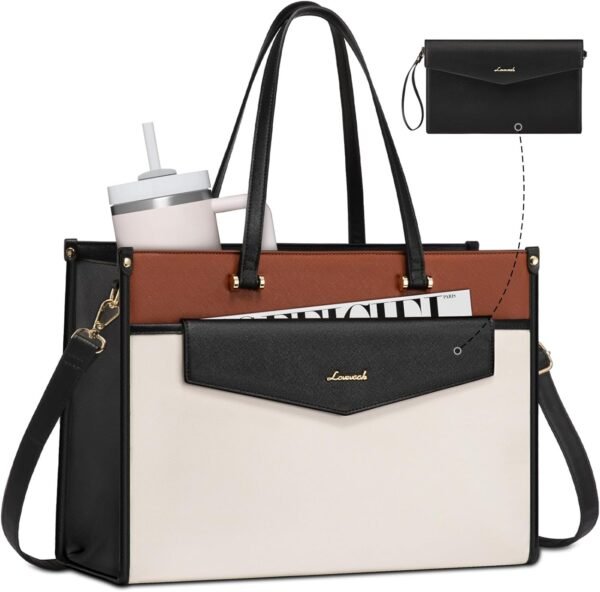 Laptop Bag for Women, 15.6'' Laptop Tote Purse 2-in-1 Professional Work Bag Business Briefcase with Clutch Purse, Waterproof Leather Computer Handbag for Teacher Office Travel Black White Brown