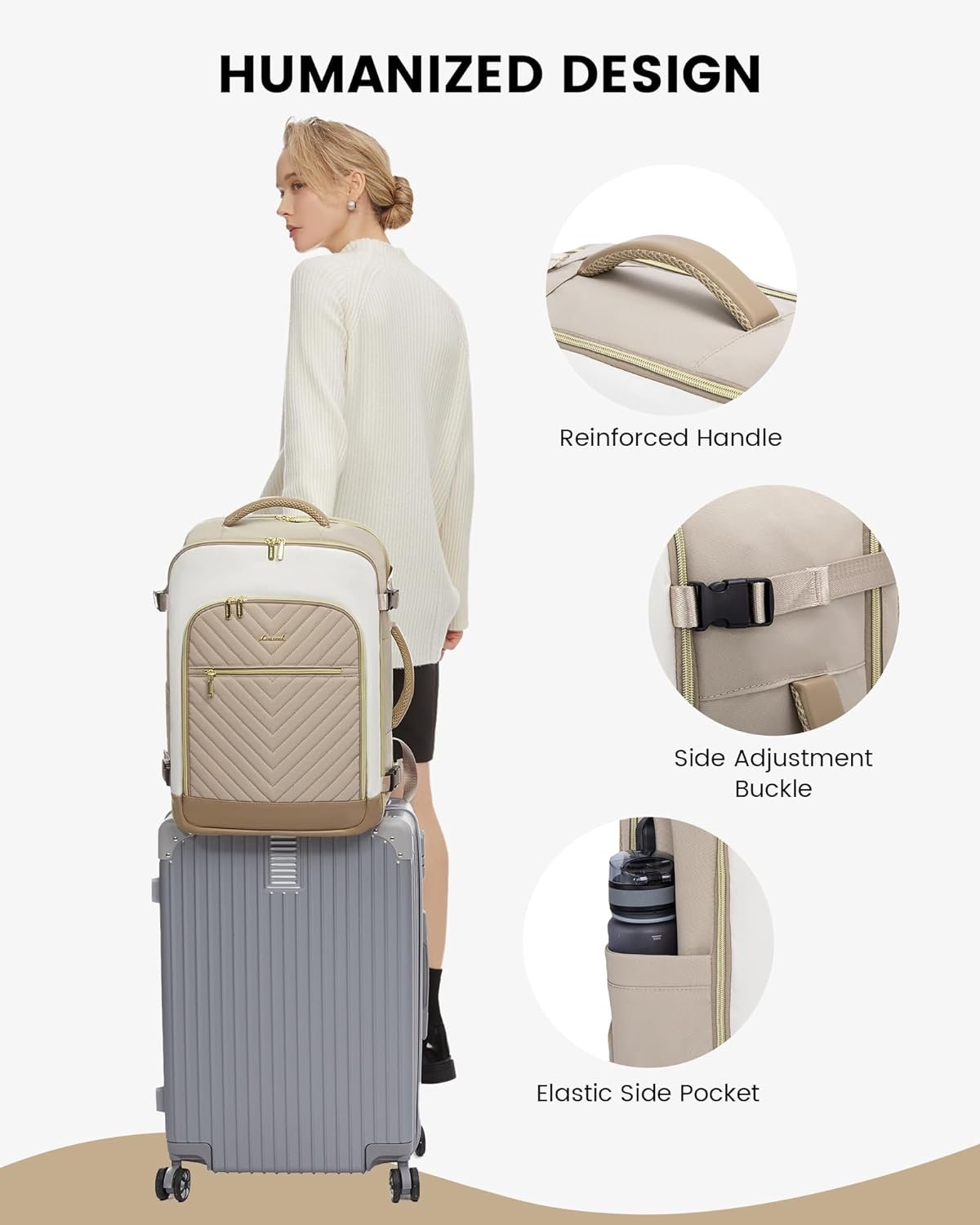 Large Travel Backpack for Women, TSA Carry on Backpack for Airplanes, 40L Personal Item Travel Bag for Women fits 17" Laptop,Waterproof Carry on Bag Airplane Approved with 3 Packing Cubes Khaki - Beige - Abricot - Image 9