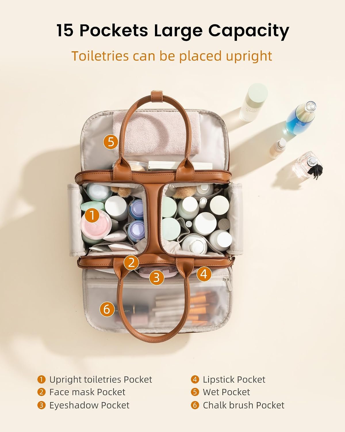 Travel Toiletry Bag for Women, Leather Large Wide-open Makeup Bag, Waterproof Cosmetic Bag Organizer for Shower, Traveling, Toiletries, Bathroom Brown - Image 3