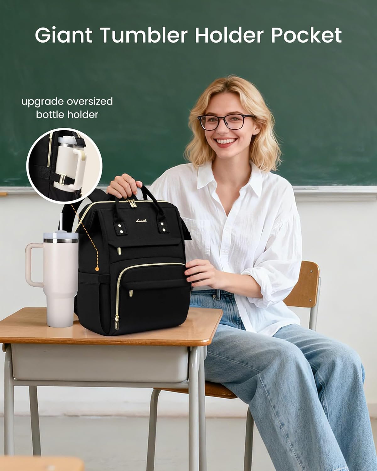 Laptop Backpack for Women with Giant Tumbler Holder Pocket,15.6 inch Waterproof Travel Backpack Purse Computer Laptop Bag,Professional Work College Nurse Teacher Backpack Casual Daypack,Black 15.6-Cup - Image 2