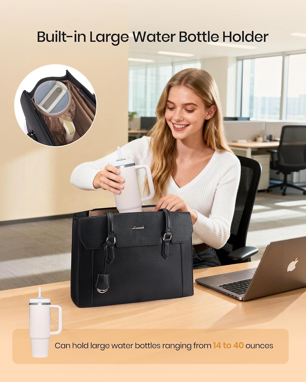 Laptop Tote Bag for Women,Computer Work Bag With Large Cup Holder,15.6 Inch Waterproof PU Leather Purse Briefcase for Teacher Black - Image 5