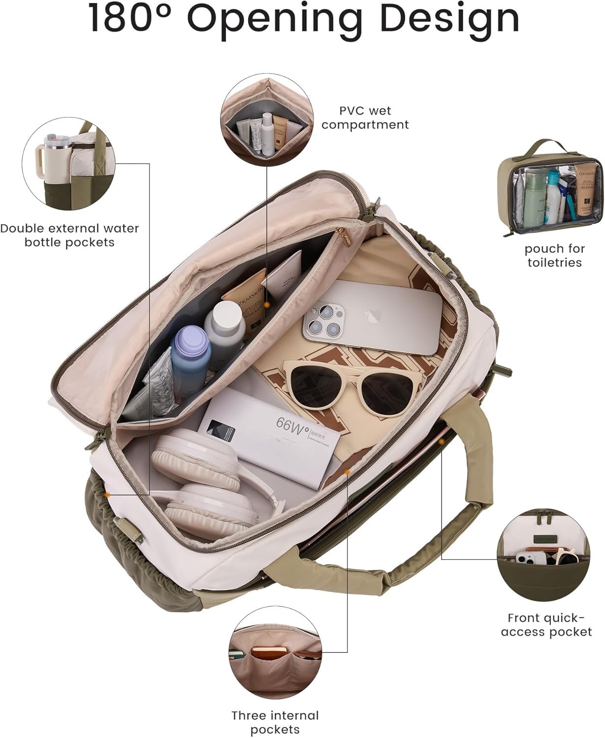 Small Gym Bag for Women & Men with Wet Pocket,26L Cute Waterproof Womens Gym Bag Travel Duffel Bags Workout Bag,Convertible Carry on Bag Overnight Bags Personal Item Travel Bag (Been Green,L) Been Green - Off-white - Image 3