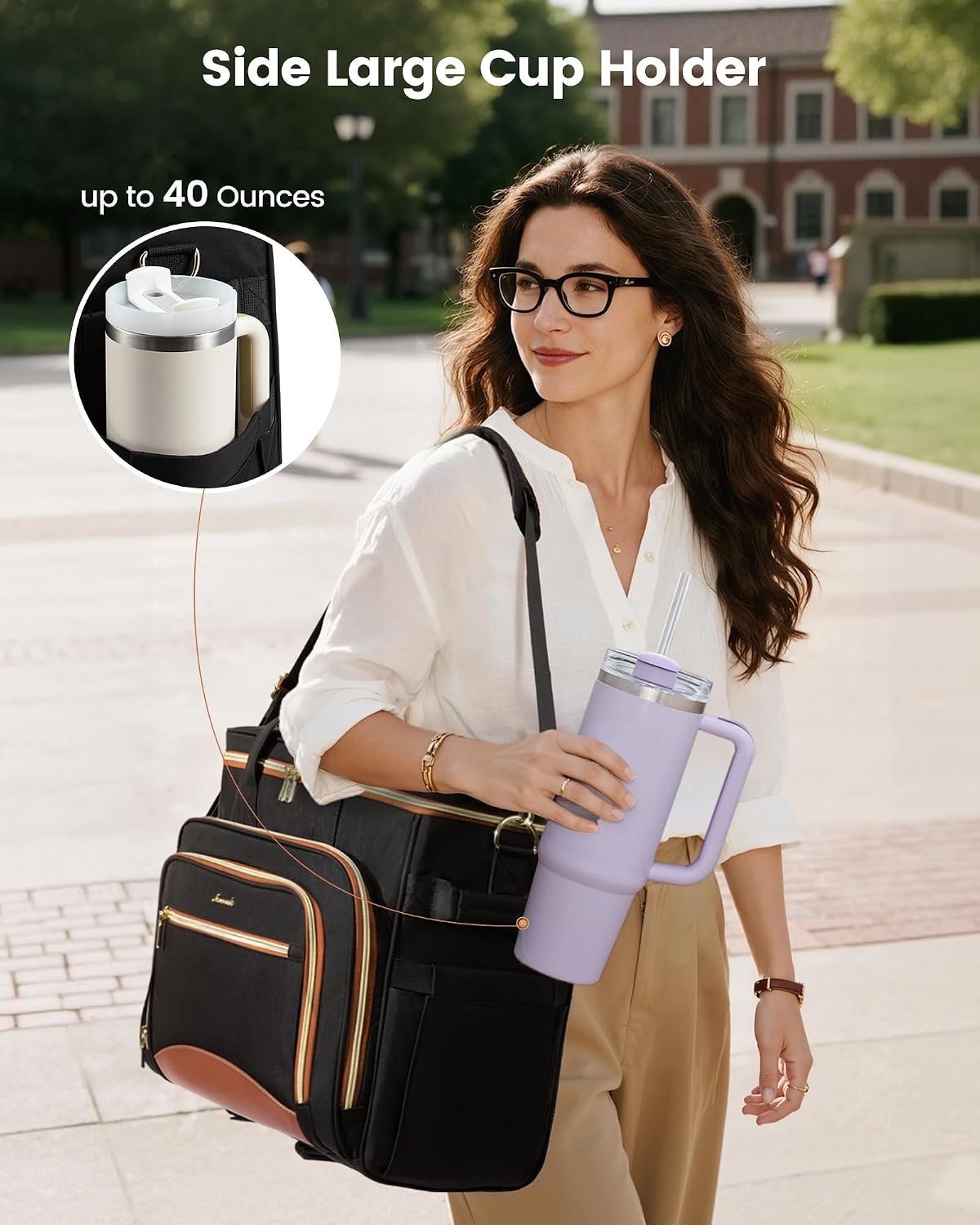 Rolling Teacher Bag with Detachable Dolly and Laptop Compartment, Large Rolling Tote Bag fits for 17.3" Laptop for Teacher Office Work Craft Nurse, Quilted-Black-beige-brown Quilted-Black-beige-brown - Image 9