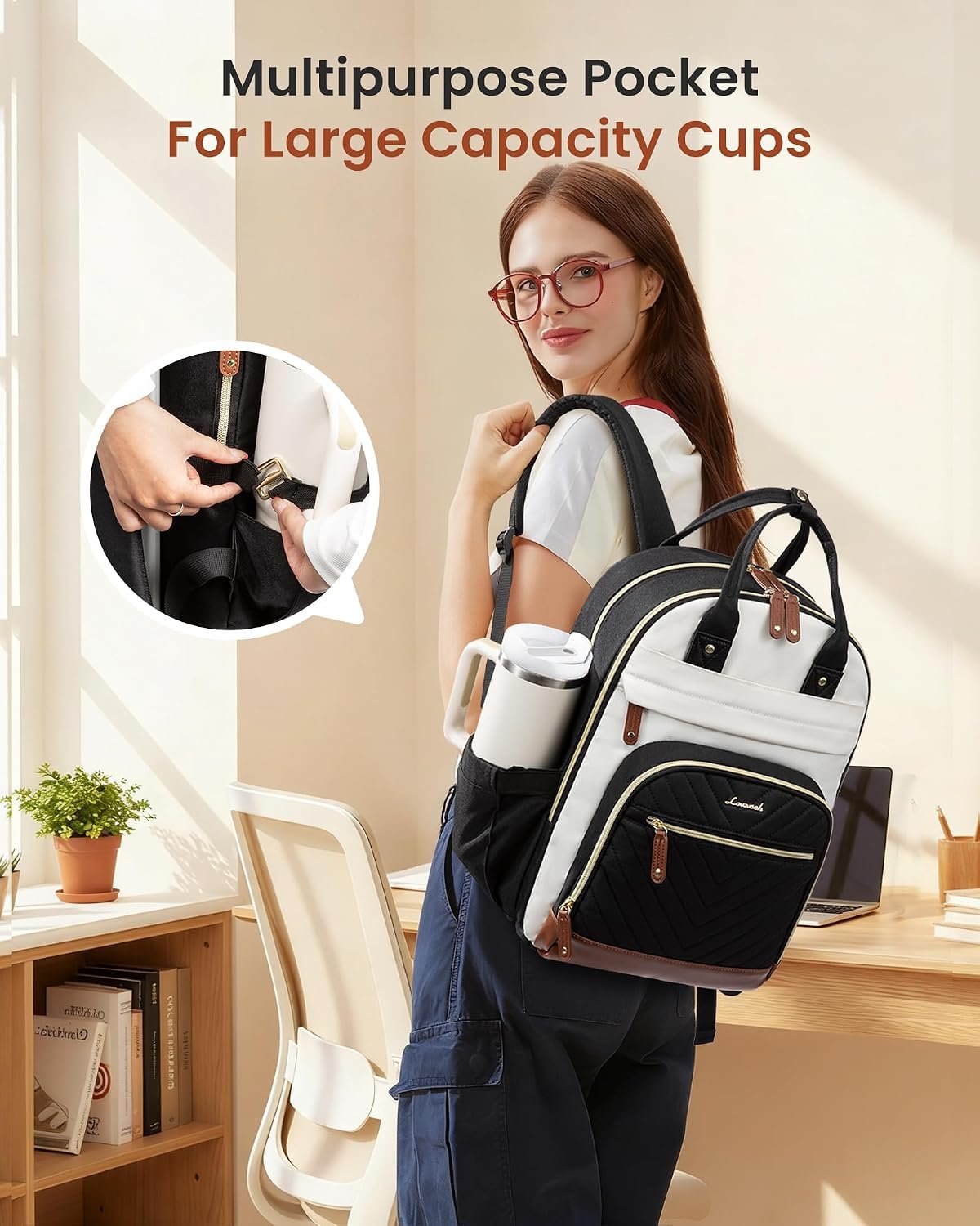 Laptop Backpack Women with Giant Tumbler Holder,15.6 inch Waterproof Work Travel Backpack Computer Laptop Bag,Cute College Nurse Teacher Backpack Purse,Gifts for Women & Men,Beige-Black-Brown Beige-black-brown - Image 3