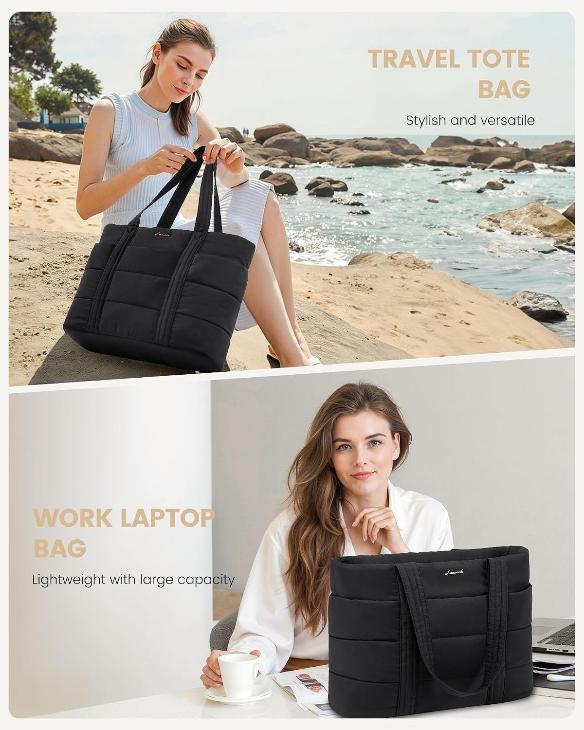 Tote Bag for Women, Large Puffer Work Tote Laptop Bag, Lightweight Travel Tote Bag with Zipper Gifts for Women 15.6 Inch - Image 2