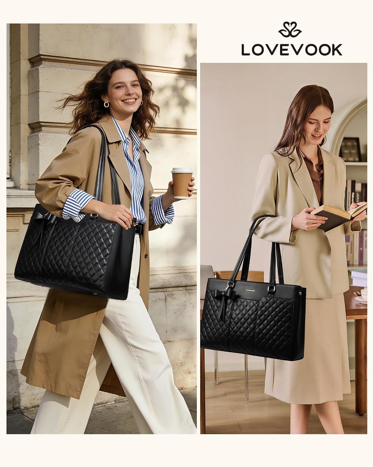 Laptop Tote Bag for Women,15.6 Inch Work Bags PU Leather Teacher Tote Bag,Waterproof Quilted Computer Bag for Office Professional Briefcase Gifts 15.6 Inch - Image 2