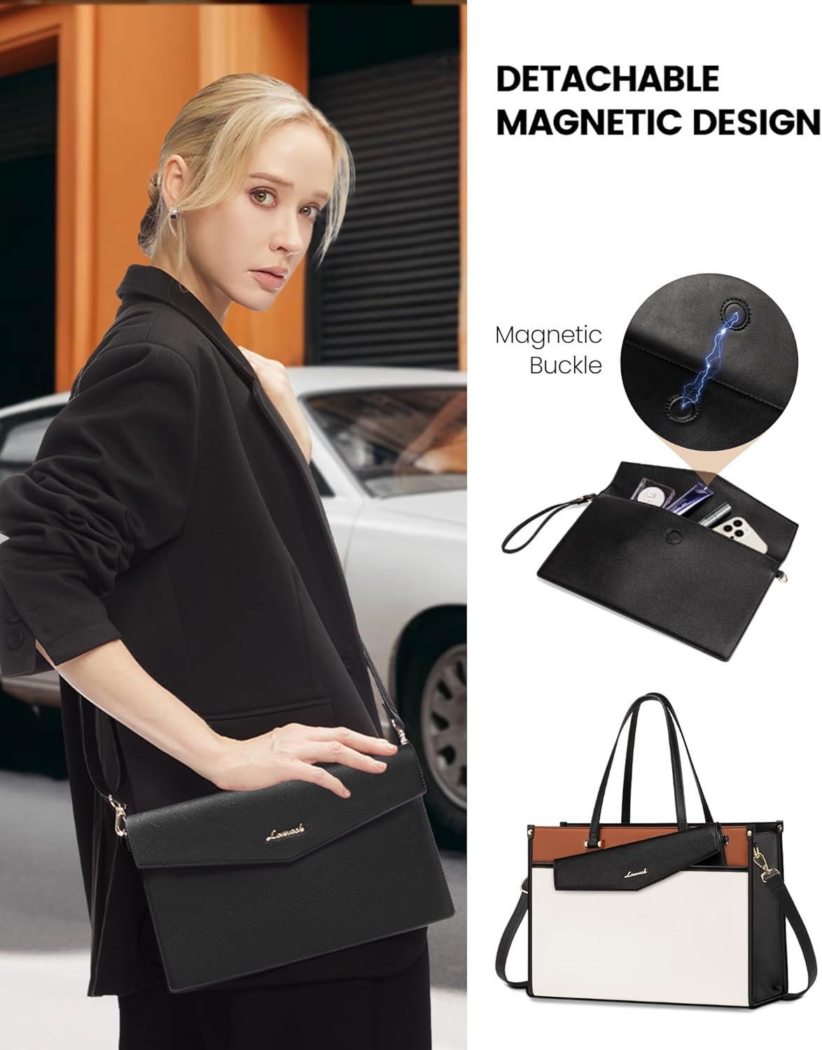 Laptop Bag for Women, 15.6'' Laptop Tote Purse 2-in-1 Professional Work Bag Business Briefcase with Clutch Purse, Waterproof Leather Computer Handbag for Teacher Office Travel Black White Brown - Image 5