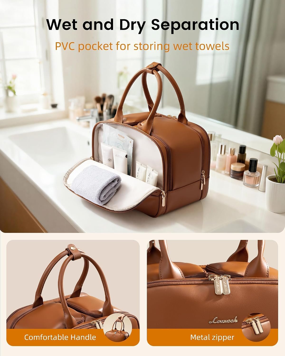 Travel Toiletry Bag for Women, Leather Large Wide-open Makeup Bag, Waterproof Cosmetic Bag Organizer for Shower, Traveling, Toiletries, Bathroom Brown - Image 6
