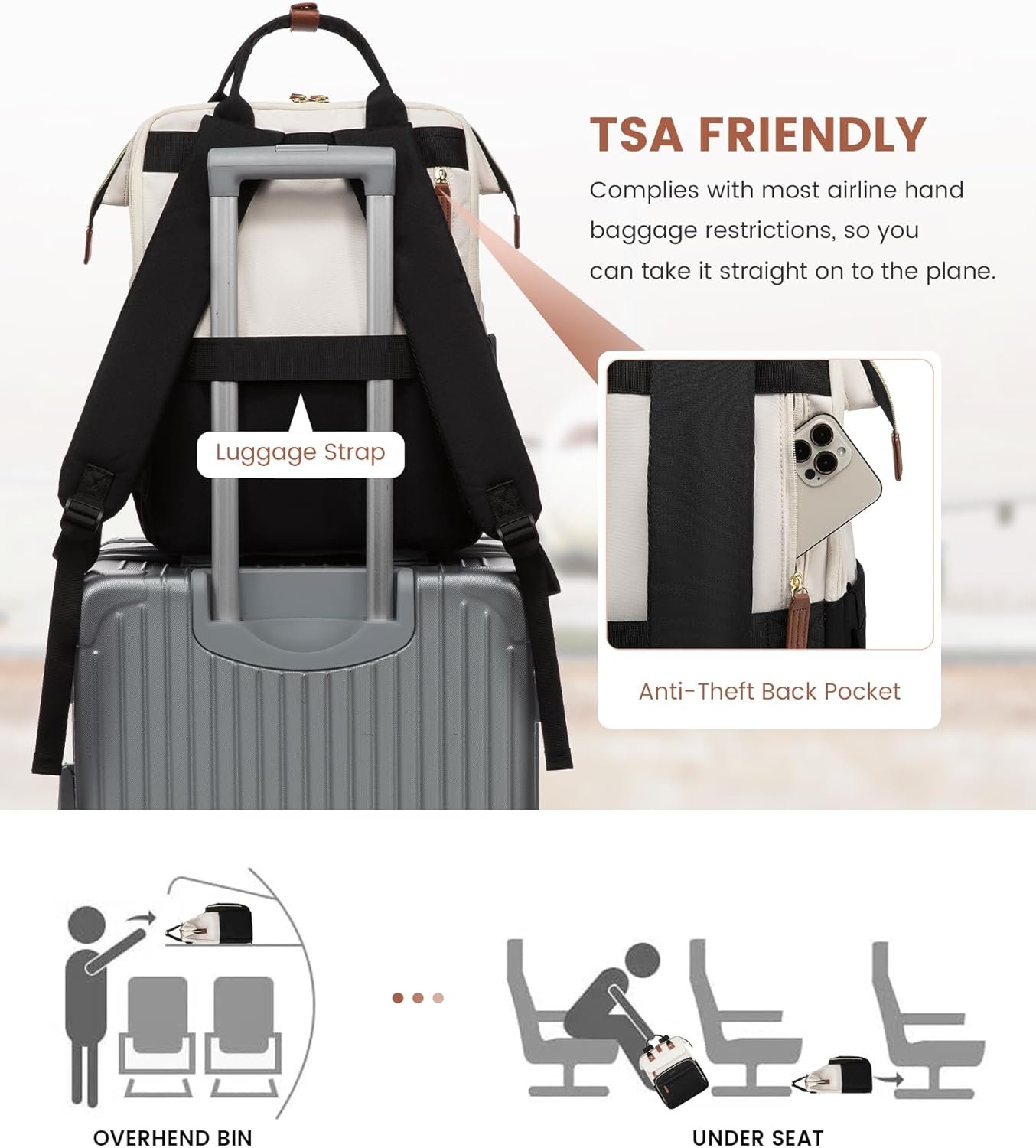 Laptop Backpack for Women, 15.6'' Waterproof Nurse Bag Teacher Work Backpack Purse for Women, Travel Computer Backpack for College Office Business Ladies Cream-black - Image 8
